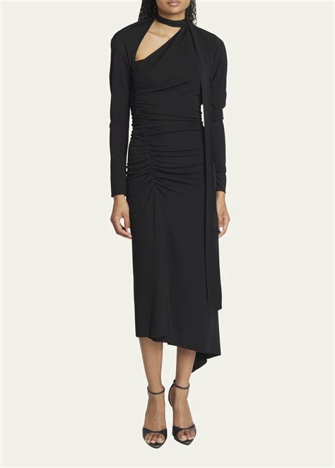 Victoria Beckham Slash Neck Ruched Asymmetric Midi Dress Bergdorf Goodman