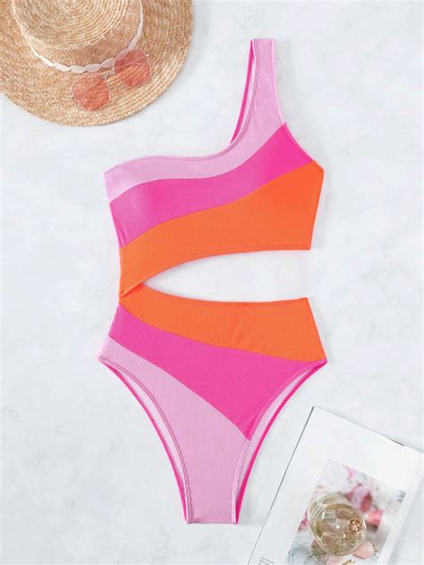 Shein Swim Vcay Color Block Cut Out One Shoulder One Piece Swimsuit