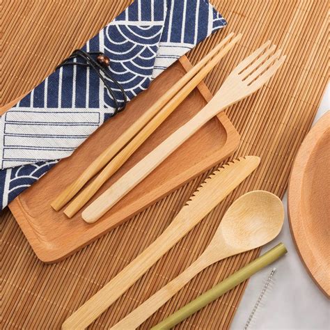 Reusable Bamboo Utensils Travel Cutlery Set With Case Forks Knives