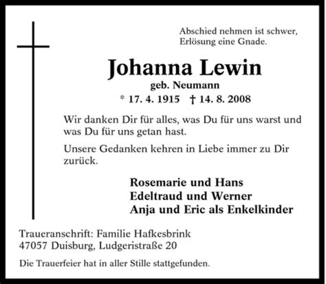 Trauer Und Todesanzeigen Von Johanna Lewin Trauer De