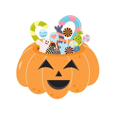 Premium Vector Halloween Pumpkin Basket Full Of Candies And Sweets