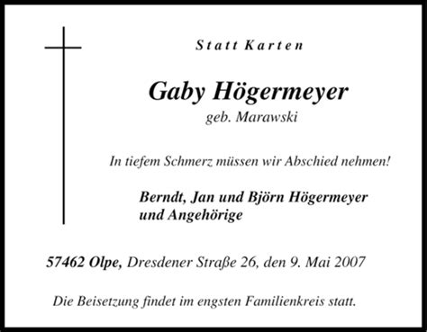 Traueranzeigen von Gaby Högermeyer Trauer in NRW de