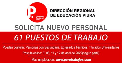 DIRECCIÓN DE EDUCACIÓN DRE PIURA 61 PLAZAS Empleos 2022