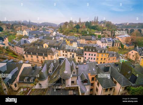 Skyline Of Old Town Luxembourg City From Top View In Luxembourg Stock