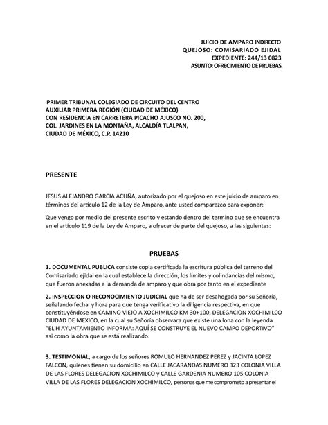 Escrito De Ofrecimiento De Pruebas En Amparo Indirecto Juicio De