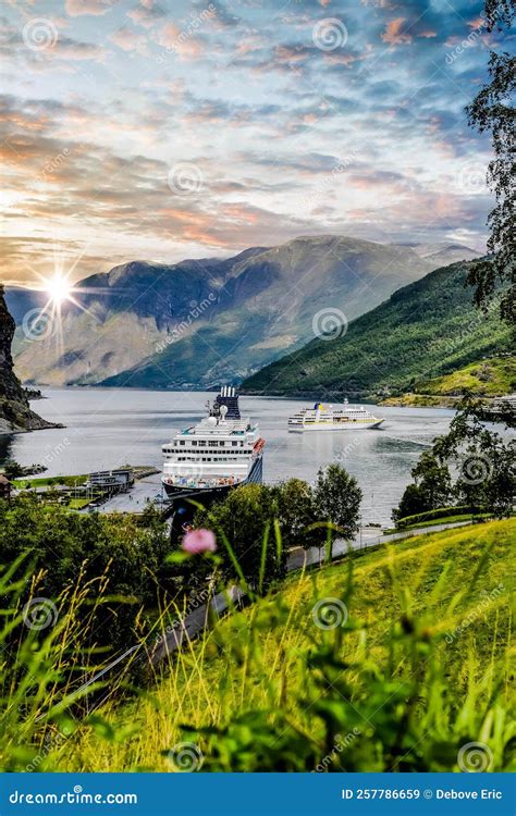 Stunning Scenery With Cruise Ships In Norwegian Fjords At Hellesylt And