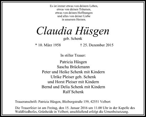 Traueranzeigen von Claudia Hüsgen Trauer in NRW de