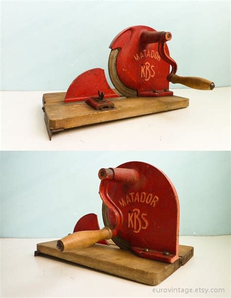 Vintage Antique Cast Iron Bread Meat Slicer Hand Crank Red