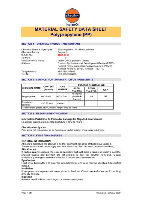 Pdf Material Safety Data Sheet Polypropylene Pp Section 1 Chemical Product And Company