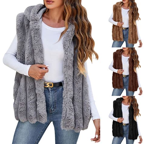 Biztdjrk Todays Deals Womens Faux Fur Vest Winter Warm Short Coat Fluffy Shaggy Sleeveless