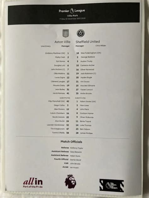 Aston Villa Sheffield United 22 12 2023 Official Team Sheet Premier