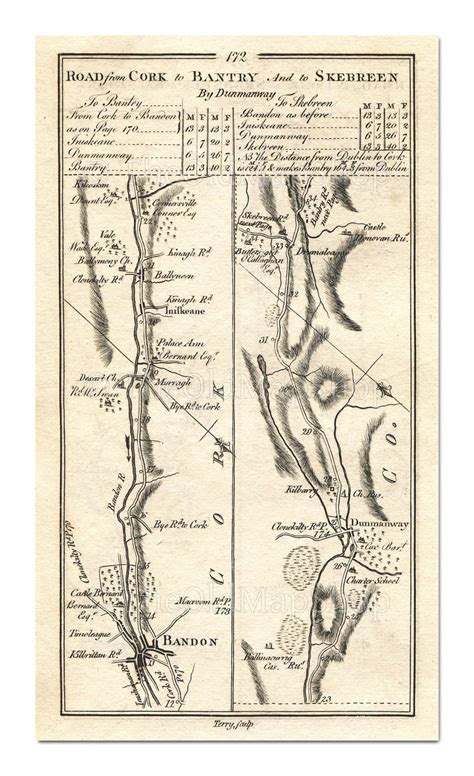 Antique Ireland Road Map Bandon Cork Enniskeane Dunmanway Etsy