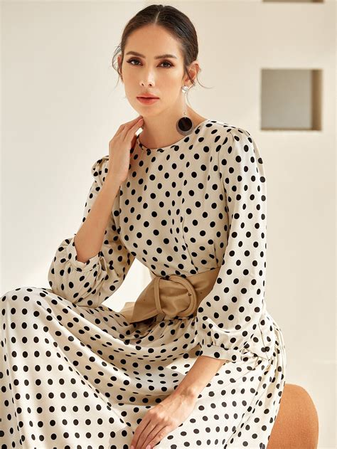 Multicolor Elegant Long Sleeve Polyester Polka Dot A Line Embellished