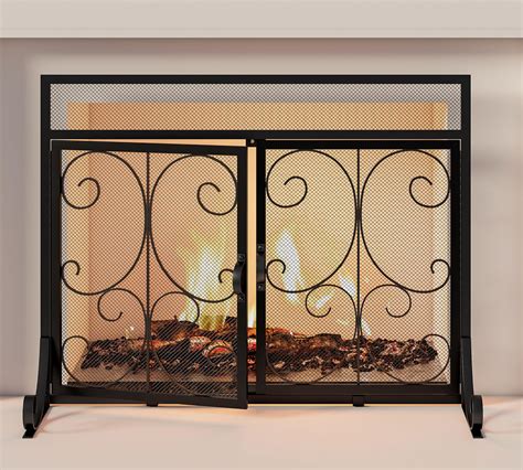 Calidola Large Flat Fireplace Screen With Doors Solid Wrought Iron Frame With Metal Mesh Flat