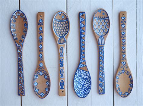 Painting Art Painted Wooden Spoons Waves Flowers Fishes Hearts