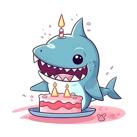 Tiburón de dibujos animados lindo con pastel de cumpleaños ilustración