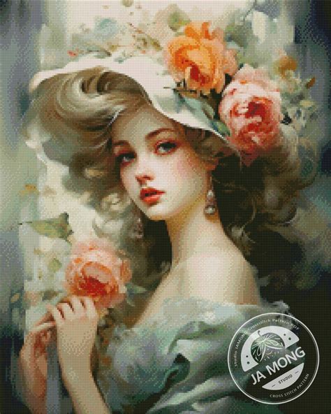 Jmp0209lady With Roses Full Coverage Cross Stitch Pattern Pdf Cross