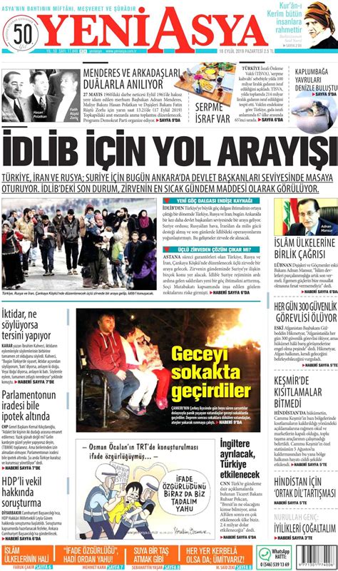 16 Eylül 2019 Pazartesi tarihli Yeni Asya gazetesi manşeti Memurlar Net