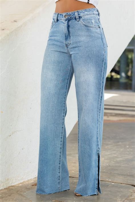 Cal A Jeans Wide Leg Fenda Lateral E Barra A Fio Atacado Feminina