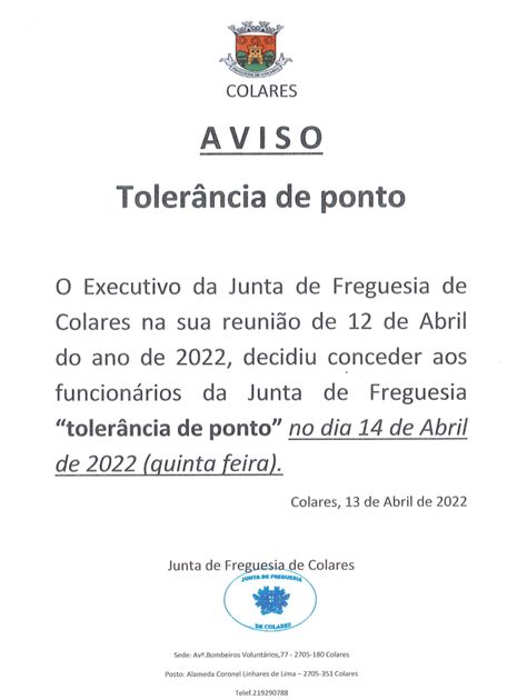 Aviso Toler Ncia De Ponto Junta De Freguesia De Colares