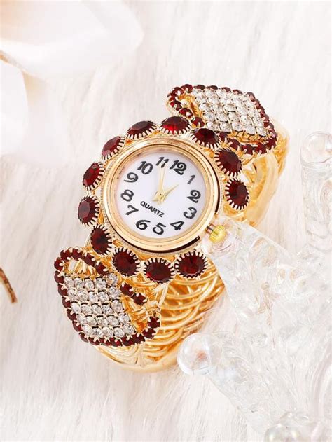 1pc Women Gold Rhinestone Decor Zinc Alloy Strap Glamorous Round Dial Quartz Watch For Daily