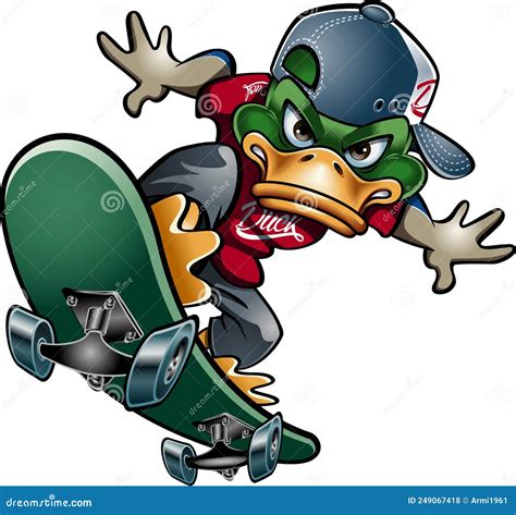 Cartoon Style Mallard Duck Riding On A Skateboard Stock Vector