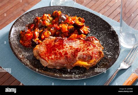 Beef Steak With Eggplant Vegetable Saute With Bell Pepper Onion And