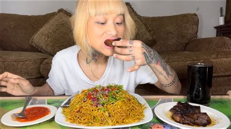 Real Mukbang Veg Chowmein Pork Belly Bbq With Spicy Tamatar Ko