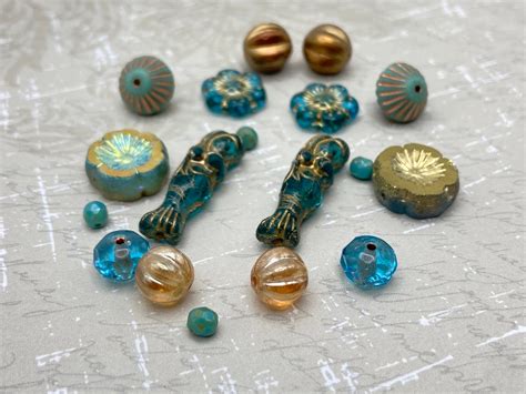 Premium Czech Glass Bead Mix Teal Turquoise Blue And Gold Mermaid Focal Beads Curated Bead Mix