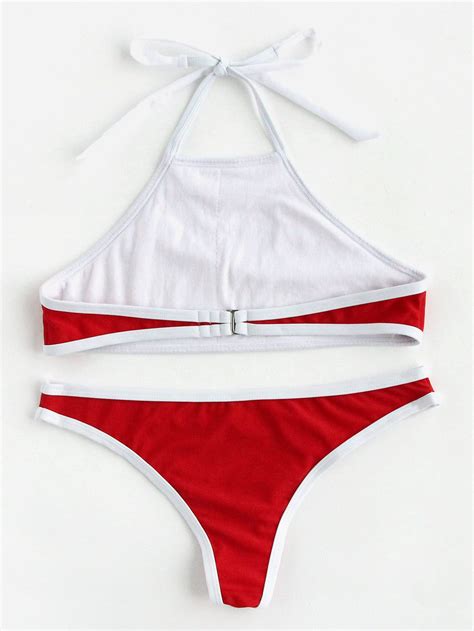 Contrast Piping Halter Bikini Set SheIn Sheinside