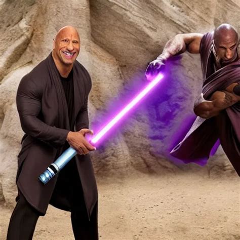 Dwayne Johnson With A Purple Lightsaber In Brown Robes Stable