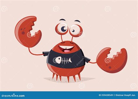 Funny Cartoon Crab With Black Fishbone Shirt Stock Vector