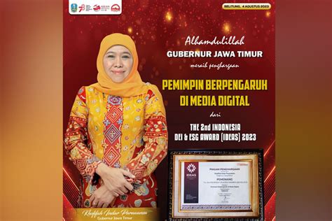 Gubernur Khofifah Raih Predikat Pemimpin Berdampak Di Media Digital