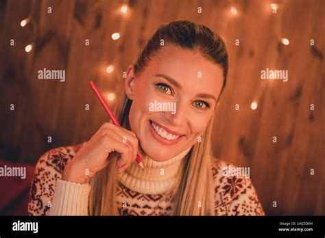 Photo Of Dreamy Adorable Mature Woman Wear Print Sweater Smiling