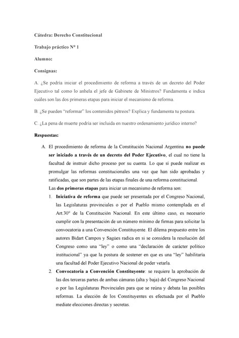 Tp1 Derecho Constitucional Cátedra Derecho Constitucional Trabajo Práctico N° 1 Alumno