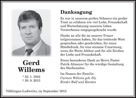 Traueranzeigen Von Gerd Willems Saarbruecker Zeitung Trauer De