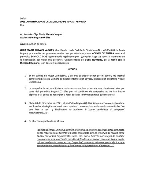 Tutela OLGA Señor JUEZ CONSTITUCIONAL DEL MUNICIPIO DE TUNJA