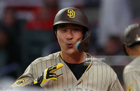 Ha Seong Kim Of The San Diego Padres Reacts After Hitting A Two Run