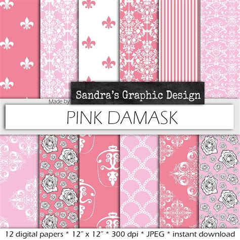 Pink Digital Paper Pink Damask With Various Damask Patterns In The