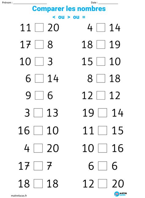 Fiches comparer les nombres des exercices pour CP CE1 Maître Lucas