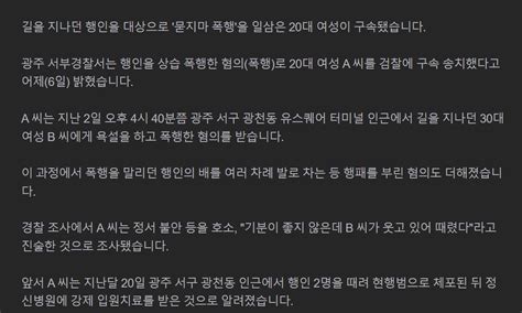 지나가는 행인 묻지마 폭행 일삼은 20대 여성 구속 포텐 터짐 최신순 에펨코리아