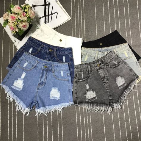 Borla De Cintura Alta Feminina Shorts Jeans Quebrados Vers O Coreana