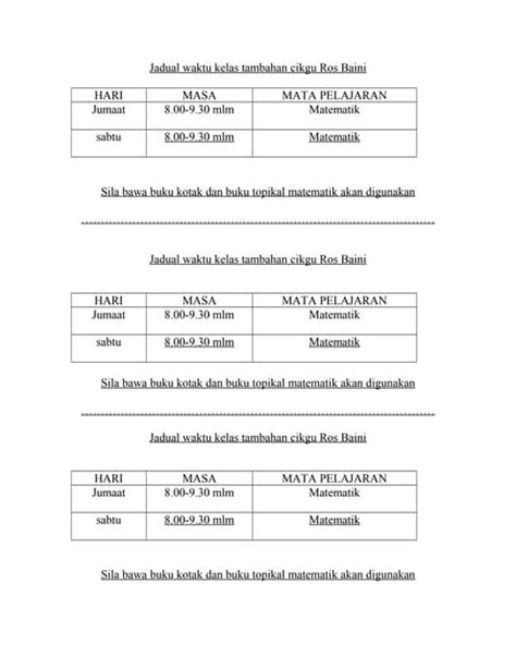 Jadual Waktu Kelas Tambahan Cikgu Ros Baini Pdf