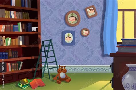 Illustration For Children: The Library / Study Room. Realistic ...