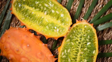 Cuted African Horned Melon On Rotating Background Top View Exotic