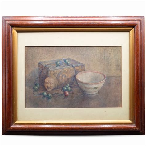 Antique Watercolour Still Life Painting With Oriental Objects Dated