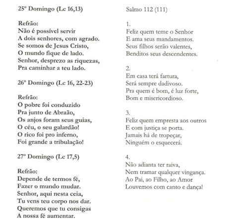 Cantos para Missa Missa do dia 18 09 2016 25º domingo do Tempo Comum