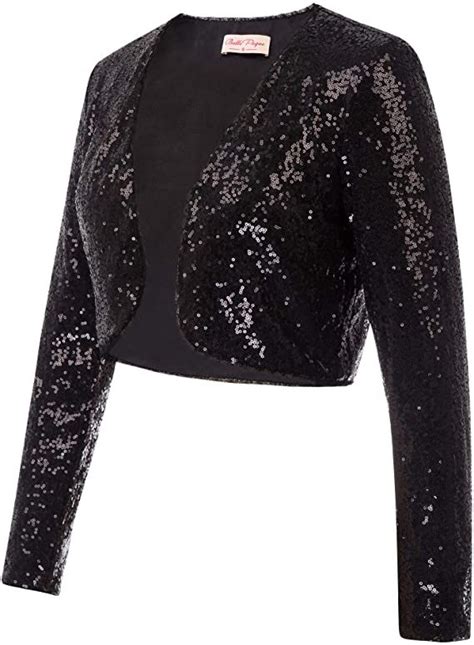 Belle Poque Womens Sequin Jacket Long Sleeve Open Front Glitter Cropped Blazer Bolero Shrug S