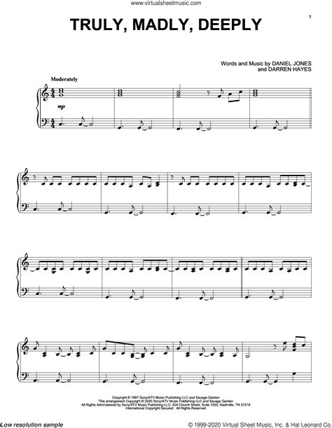 Truly Madly Deeply Intermediate Sheet Music For Piano Solo