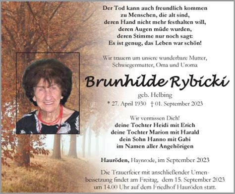 Traueranzeigen Von Brunhilde Rybicki Trauer In Thueringen De